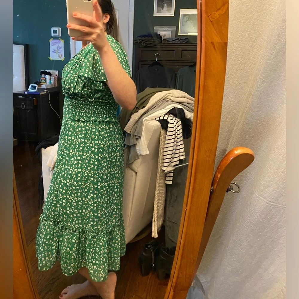 Max Studio- Green Floral Midi Dress flowy lightweight spring M? SIZE TAG MISSING - Picture 4 of 16